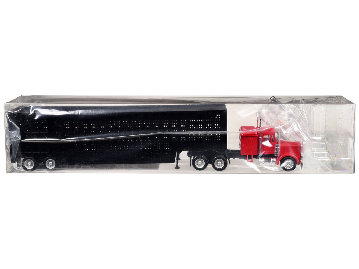 Peterbilt with Sleeper Cab Red with Black Livestock Trailer 1/87 Plastic Model