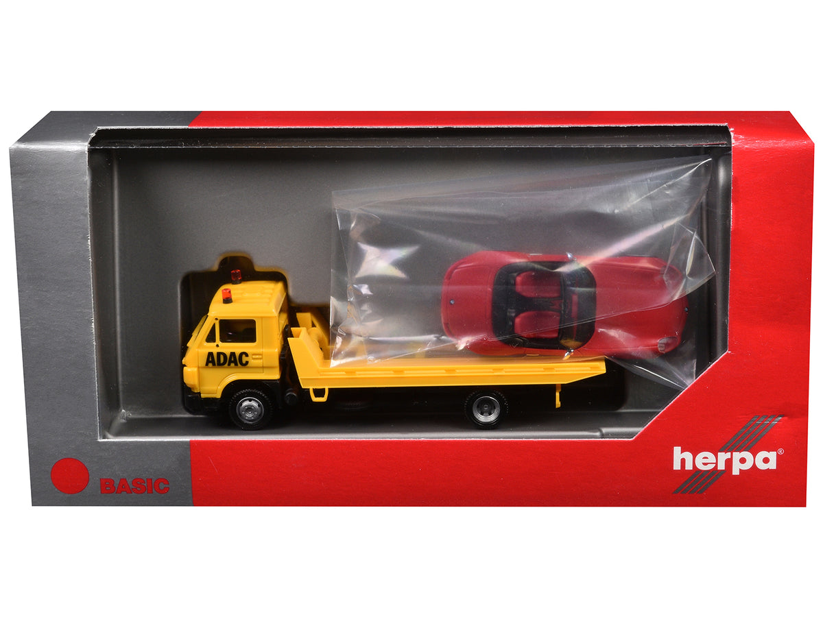 Flatbed Tow Truck ADAC Yellow BMW Z4 Convertible Set 2 pcs 1/87 Plastic Model
