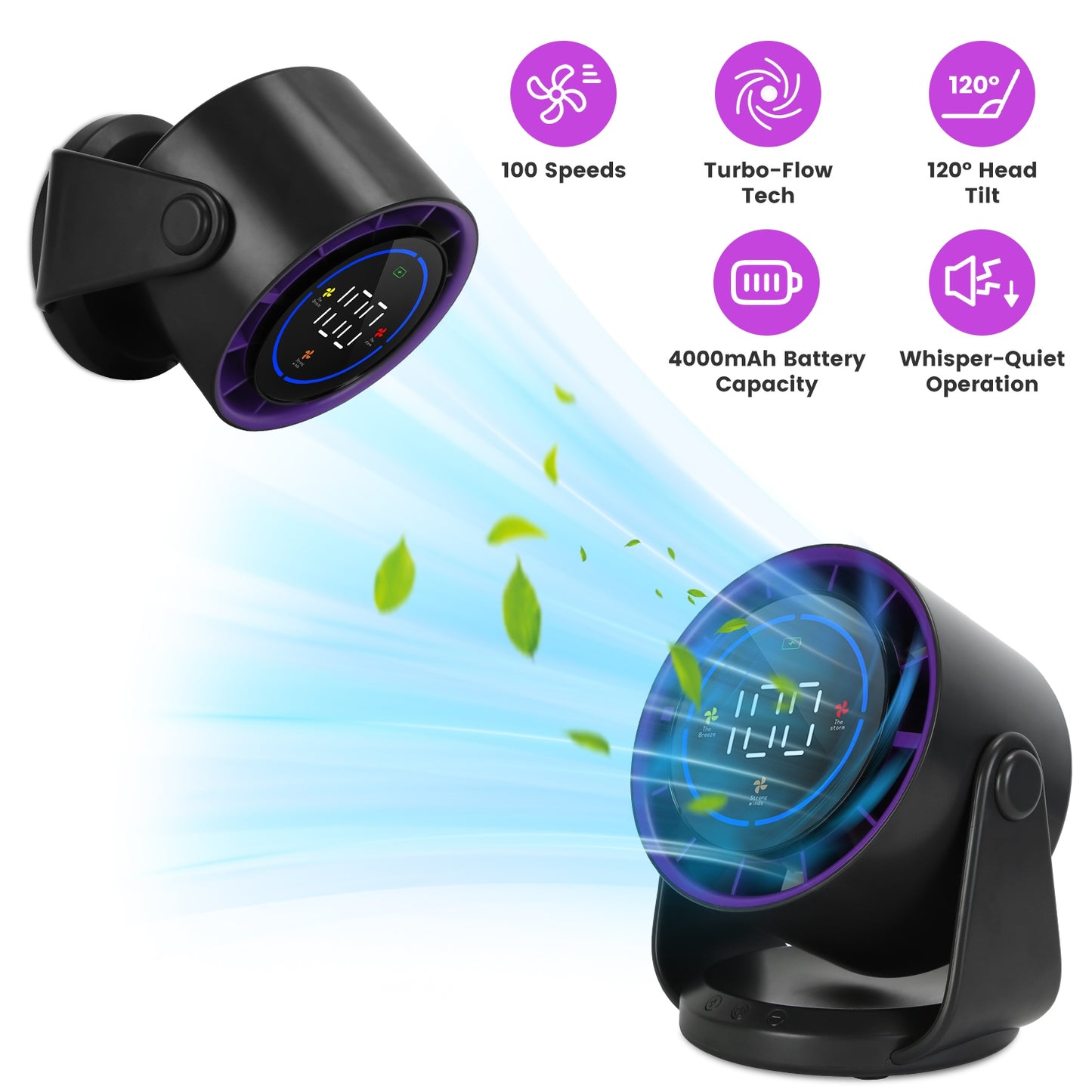 100 Speeds Desk Fan Battery Operated Wall Mounted Rechargeable Mini With 120º T