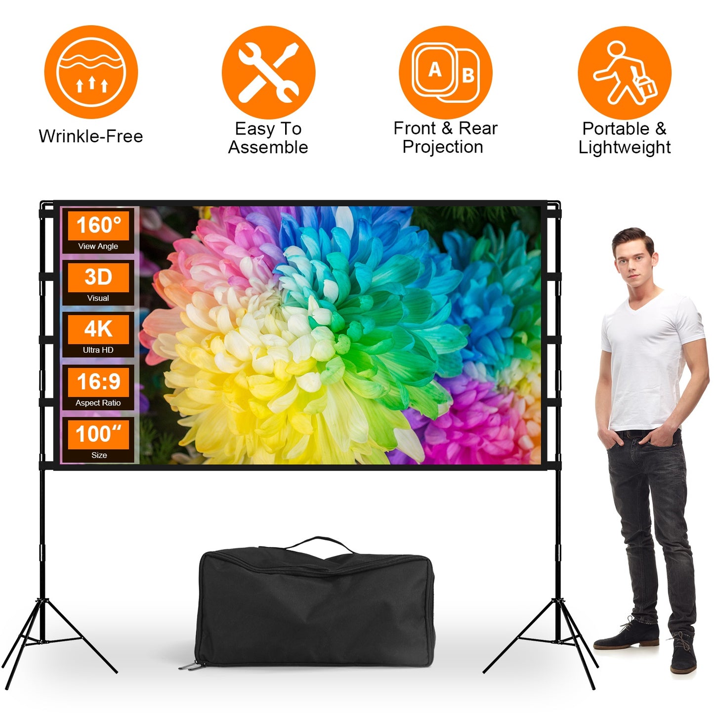100Inch Projector Screen With Stand 16:9 4K Hd Rear Front Wrinkle-Free Portable