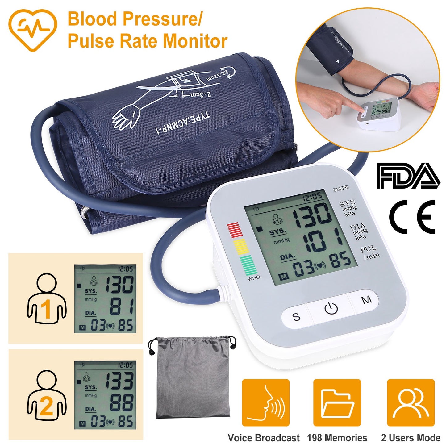 Digital Arm Blood Pressure Monitor Lcd Heart Beat Bp Gauge Health Test W/Voice