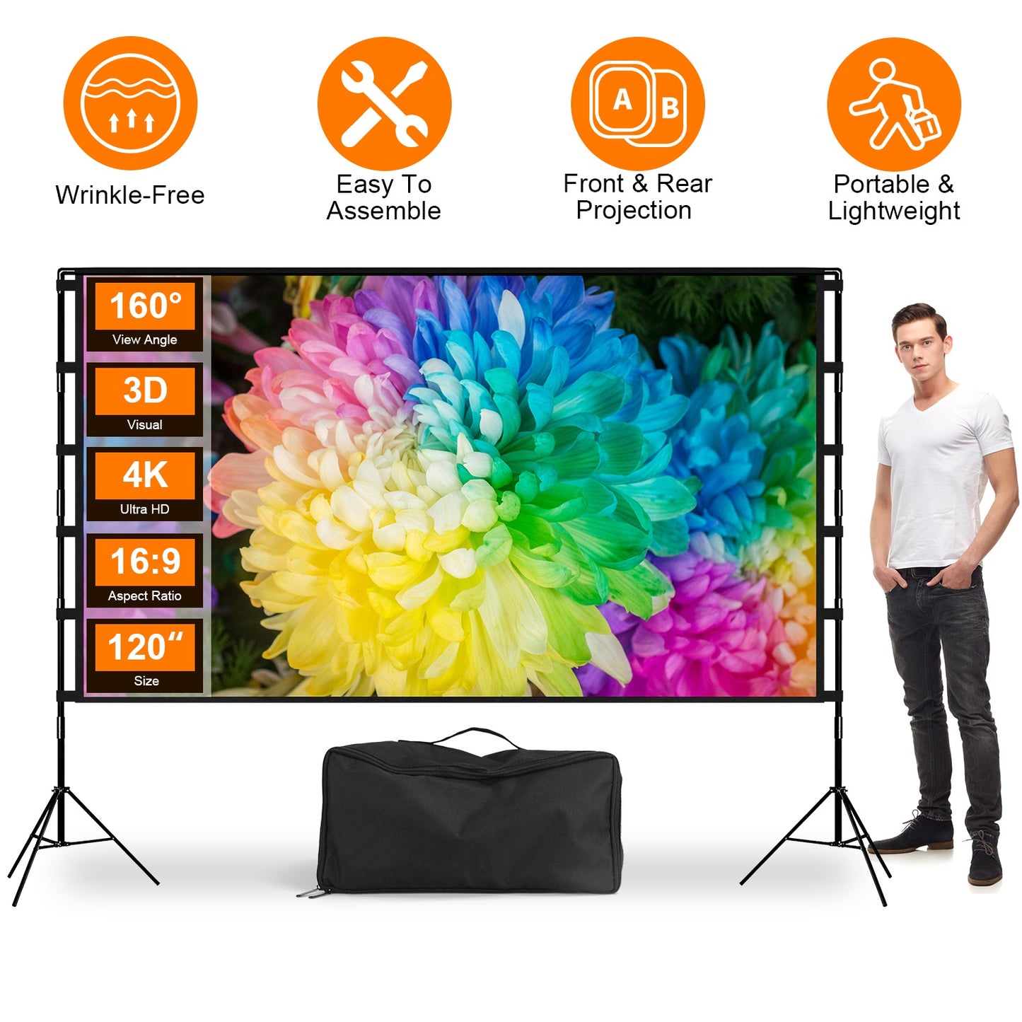120Inch Projector Screen With Stand 16:9 4K Hd Rear Front Wrinkle-Free Portable