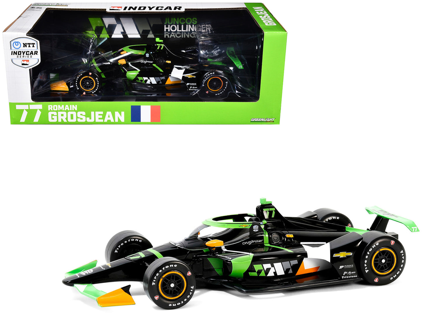 GreenLight Dallara IndyCar #77 Romain Grosjean "DNS Filter" Juncos Hollinger Racing "NTT Series" (2024) 1/18 Diecast Model Car by <h2>Dallara Greenlight</h2> <p>High-quality perfect for collectors and