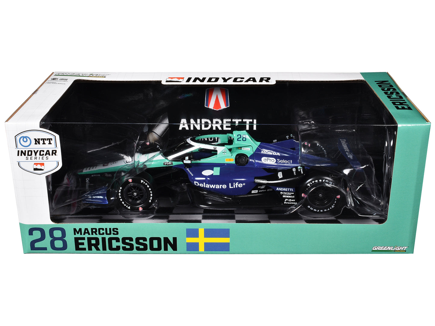 GreenLight Dallara IndyCar #28 Marcus Ericsson "Delaware Life" Andretti Autosport "NTT Series" (2024) 1/18 Diecast Model Car by <h2>Dallara Greenlight</h2> <p>High-quality perfect for collectors and e
