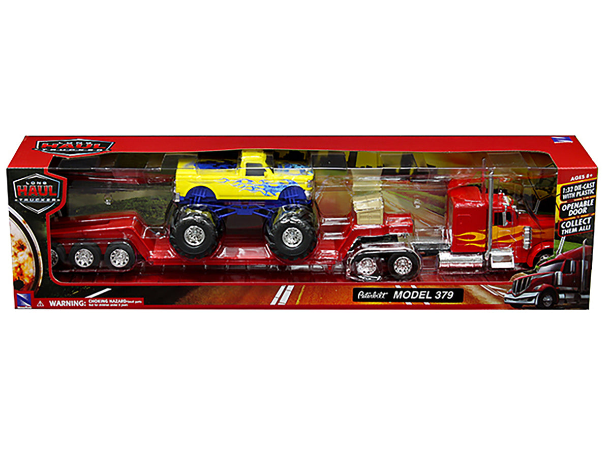 Peterbilt 379 Truck Lowboy Trailer Red Orange 1/32 Diecast Model - New Ray