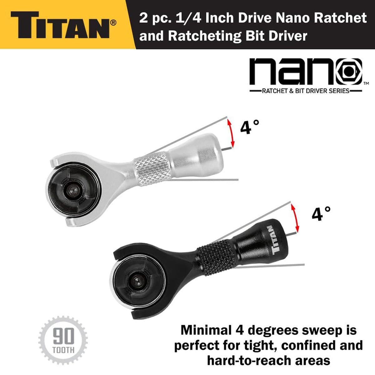 Titan 1/4" Drive 90-Tooth Swivel and Ratcheting Bit Driver Nano Ratchets (2-Piece)
