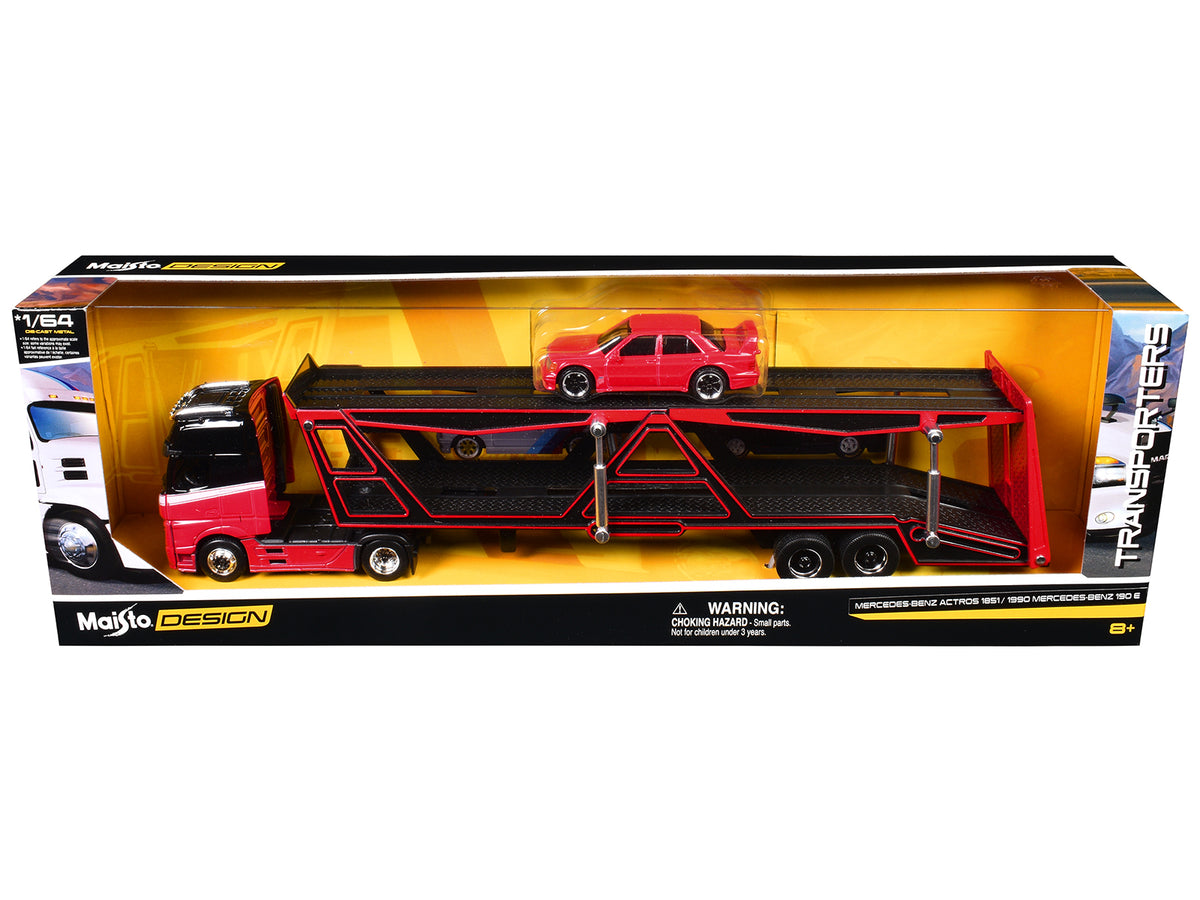 Mercedes-Benz Actros Open Car Hauler Red Black White 1/64 Diecast Model - Maisto
