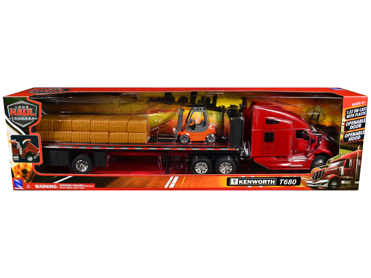 Kenworth T680 Truck Red Flatbed Trailer Forklift 1/32 Diecast Model - New Ray
