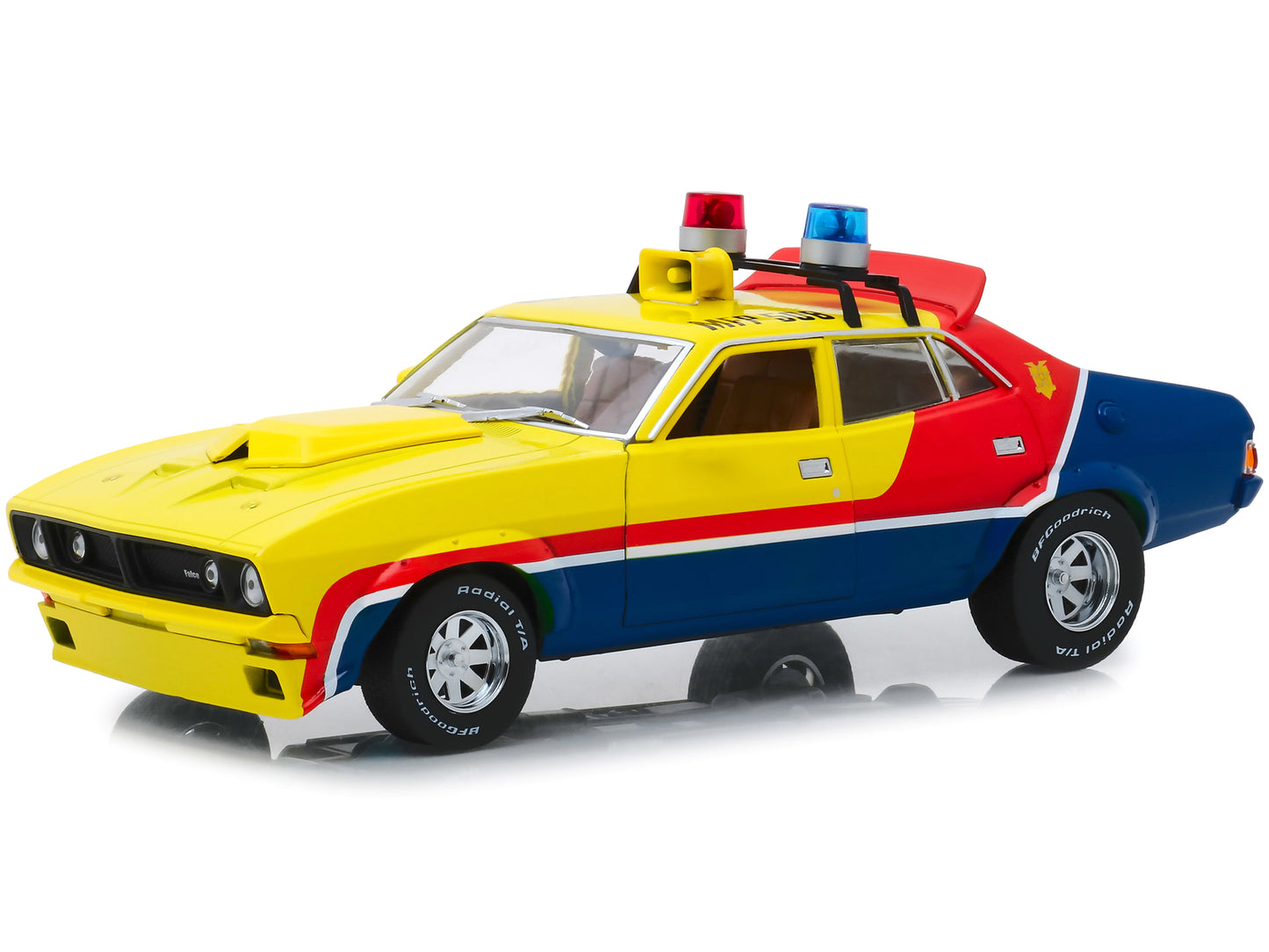 1974 Ford Falcon XB 4-Door Sedan RHD (Right Hand Drive) Yellow and Blue with Red Stripes "MFP 508" "First of the V8 Interceptors" (1979) Movie 1/18 T&y Diecast Model Car by Greenlight