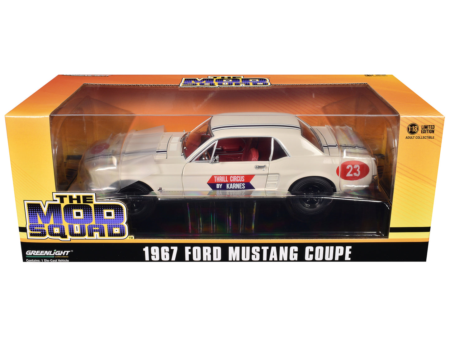 GreenLight 1967 Ford Mustang Coupe #23 "Thrill Circus By Karnes" White 1/18 Diecast Model Car <h2>1967 Greenlight</h2> <p>High-quality perfect for collectors and enthusiasts. Features detailed interio