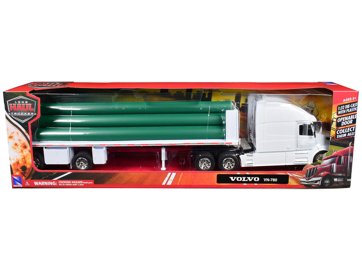 Volvo VN-780 Truck Flatbed Trailer Long Pipes White 1/32 Diecast Model - New Ray