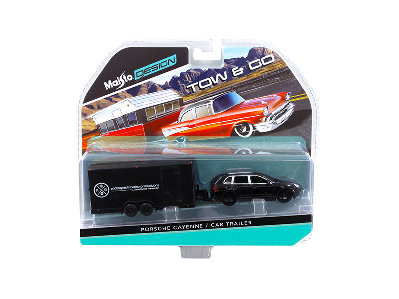 Porsche Cayenne Black and Car Trailer Tow & Go 1/64 Diecast Model - Maisto