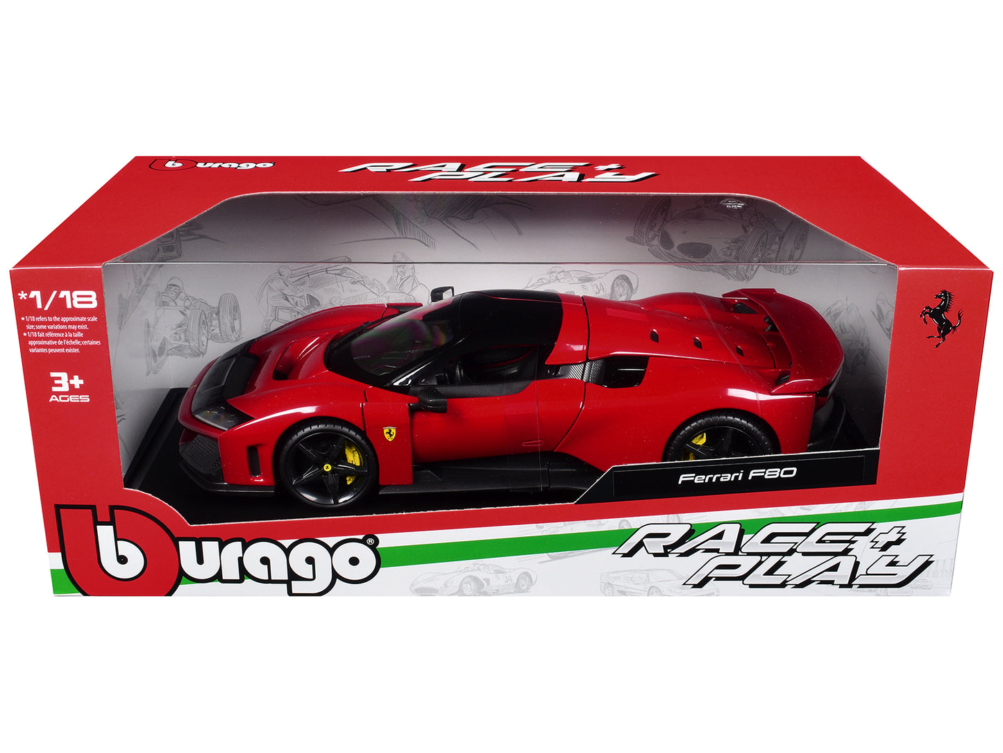 Ferrari F80 Red with Black Top "Race + Play" Series 1/18 Diecast Model Car by Bburago