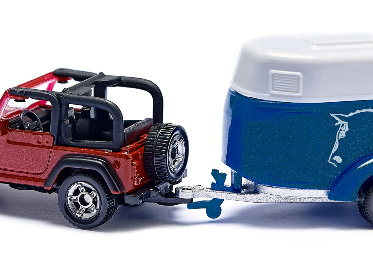 Jeep Red with Horse Trailer Blue and Horse Accessory Diecast by Siku