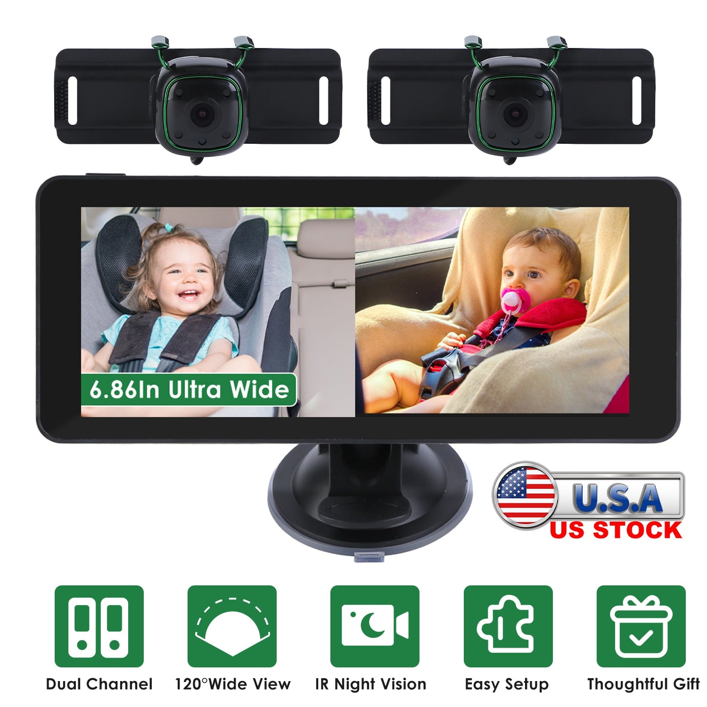 1080P Baby Car Camera For 2 Kids Dual Channel Monitor Rear Facing Seat With 120