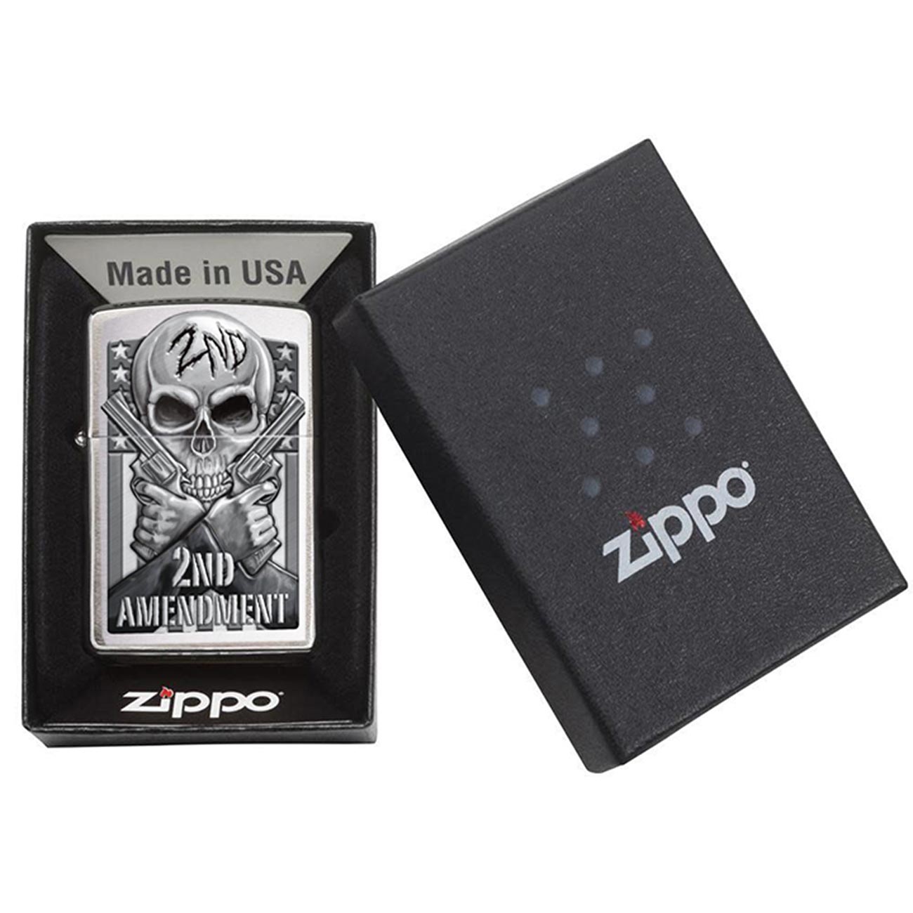 *78702* Zippo 78702 Windproof Lighter Second Amendment Skull and Guns Brushed Chrome