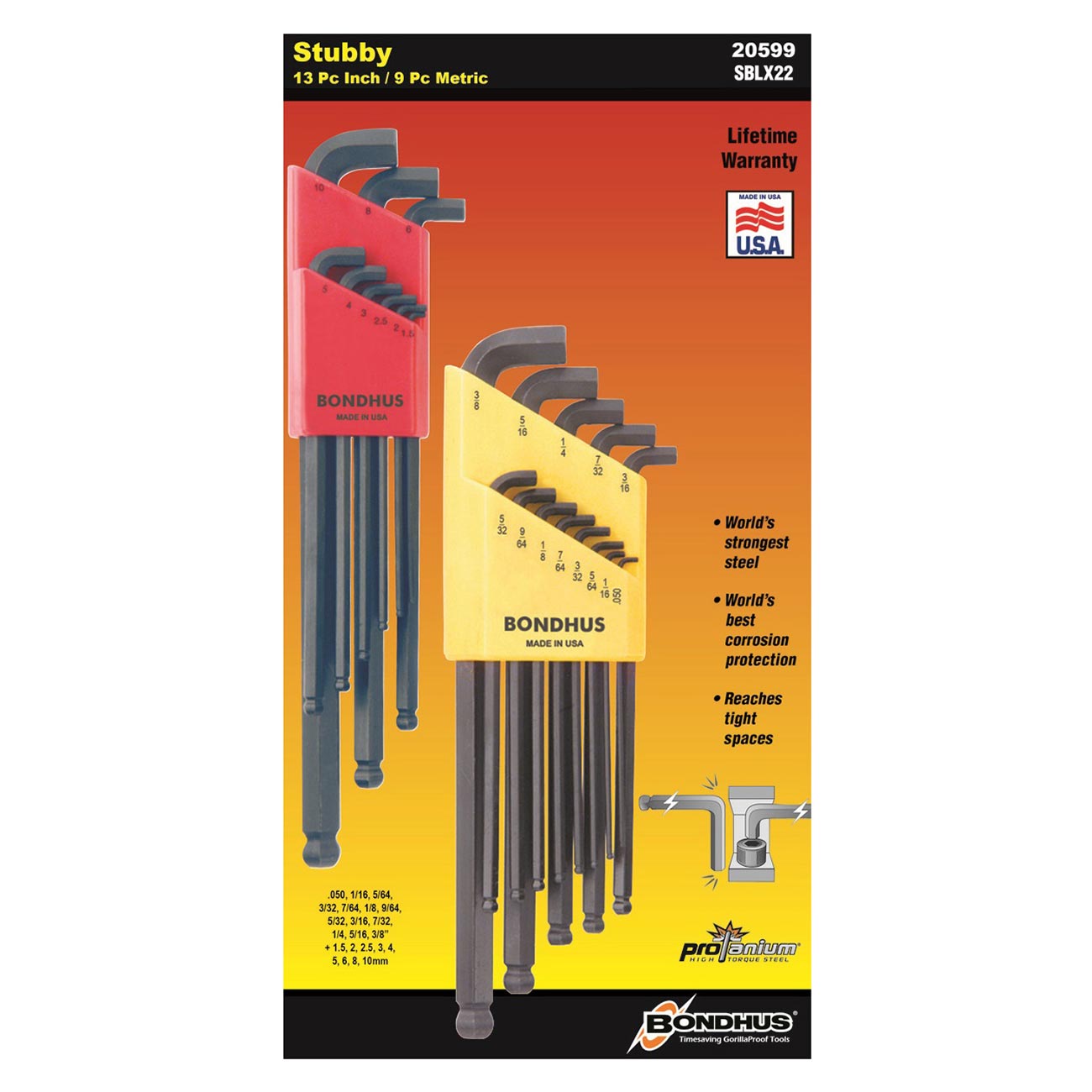 Bondhus Bondhus Balldriver Stubby Metric/SAE Ball End HEX L-Keys Double Set (22 Piece)