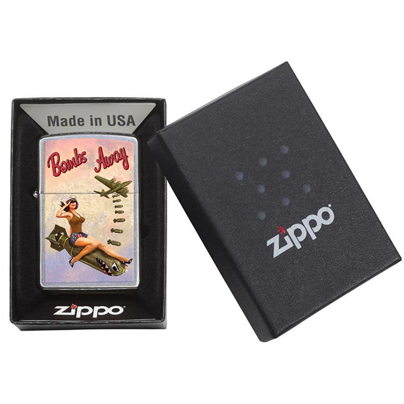 *207BOMBS* Zippo 80778 Windproof Lighter - Pinup Nose Art "Bombs Away Girl" Imprinted Street Chrome
