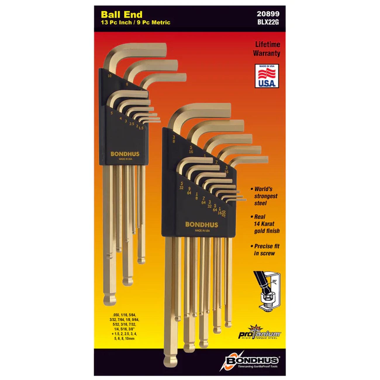 Bondhus GoldGuard Plated Balldriver Metric/SAE Ball End HEX L-Keys Double Set (22 Piece)