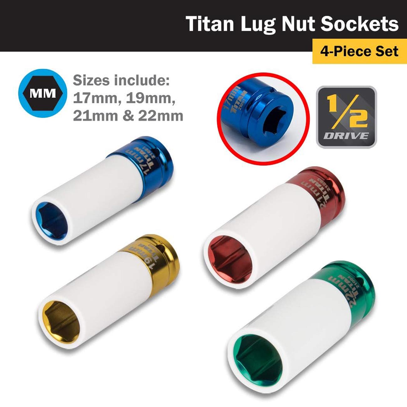 Titan Tool 4 pc 1/2 in Drive Non-Marring Lug Nut Socket