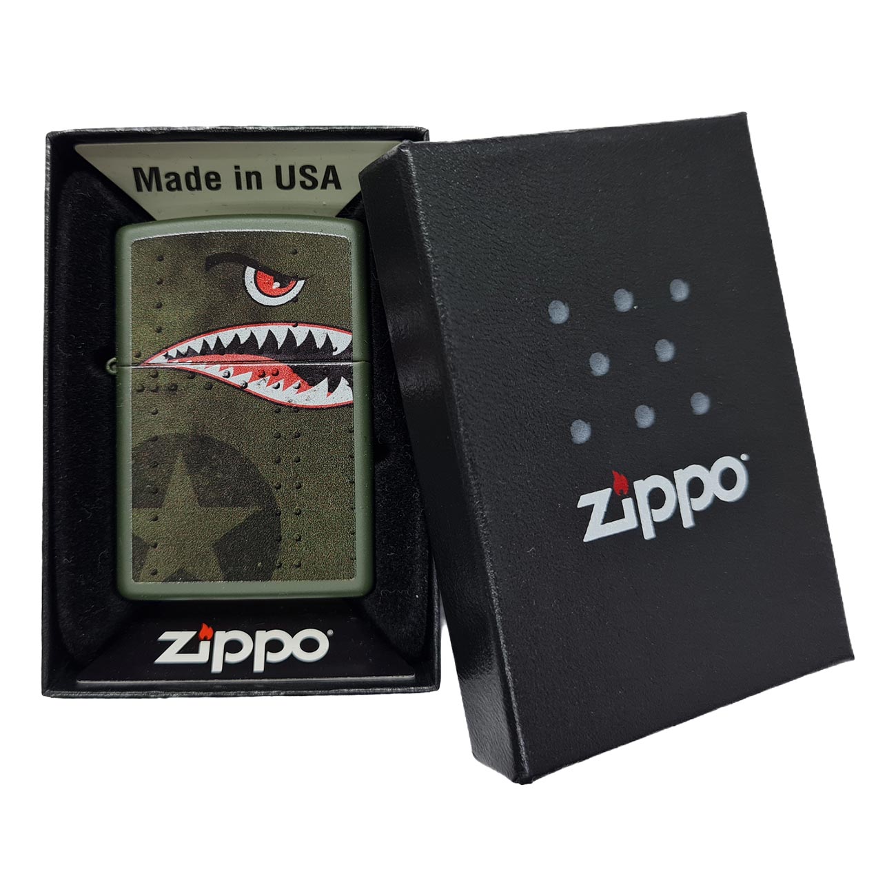 *221NOSEART* Zippo 22CI413623 Windproof Lighter Fighter Plane Nose Art "Shark Teeth" Matte Green