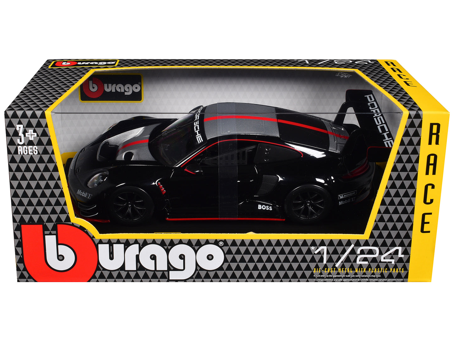 Porsche 911 GT3 R Black with Silver Hood and Top and Red Stripe "Race" Series 1/24 Diecast Model Car by Bburago
