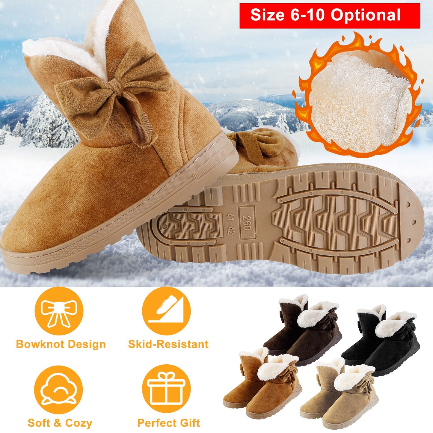 Women Ladies Snow Boots Super Soft Fabric Mid-Calf Winter Shoes Thickened Plush