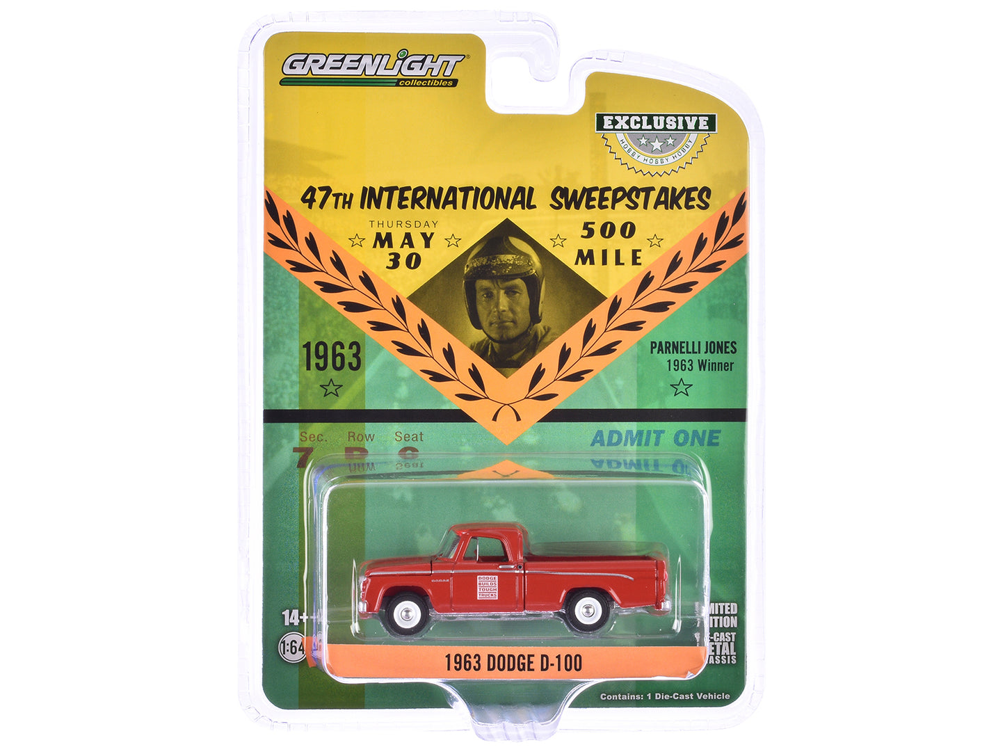 GreenLight 1963 Dodge D-100 Pickup Truck "47th International 500 Mile Sweepstakes - Indianapolis Official Truck" Red "Hobby Exclusive" Series 1/64 Diecast Model Car by <h2>1963 Greenlight</h2> <p>High