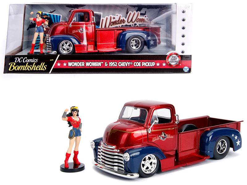 1952 Chevrolet COE Pickup Truck Candy Red and Blue with Wonder Woman Diecast Figure "DC Comics Bombshells" Series "Hollywood Rides" 1/24 Model Car by Jada <h2>1952 Jada</h2> <p>High-quality perfect fo