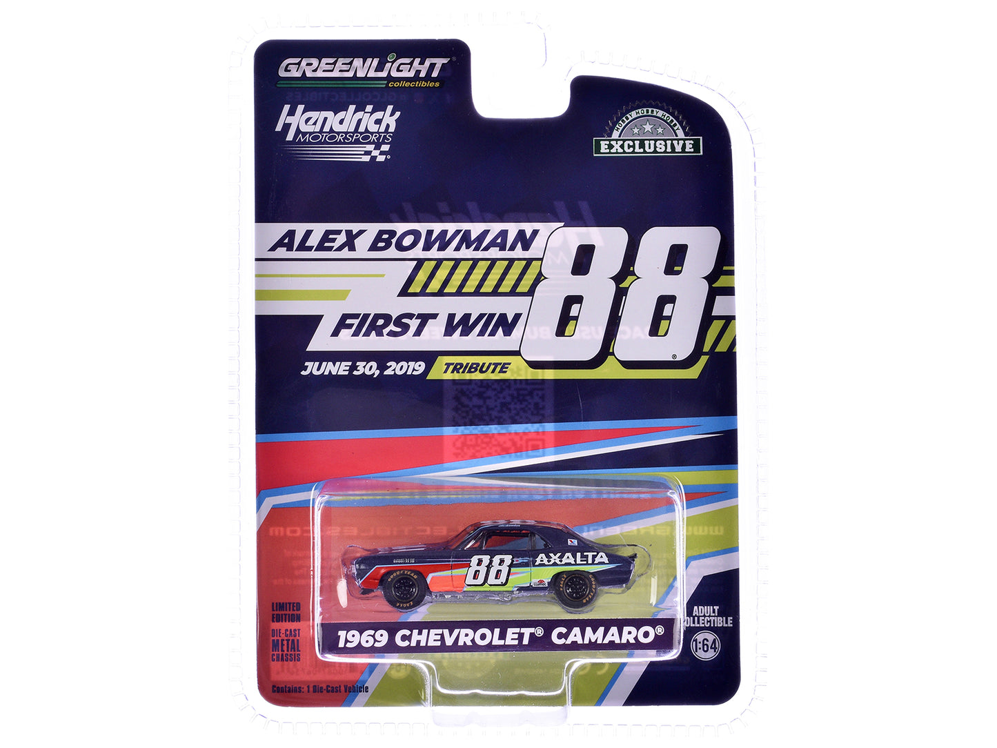 GreenLight 1969 Chevrolet Camaro #88 "Alex Bowman - Hendrick Motorsports First Win Tribute" Dark Blue with Graphics "Hobby Exclusive" Series 1/64 Diecast Model Car by <h2>1969 Greenlight</h2> <p>High-