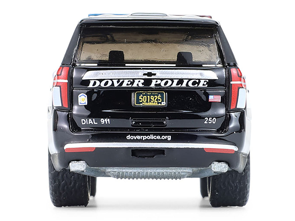 2024 Chevrolet Tahoe Police Pursuit Vehicle "Dover Police – 100th Anniversary Edition" Black with White Stripes "Hobby Exclusive" Series 1/64 Diecast Model Car by Greenlight