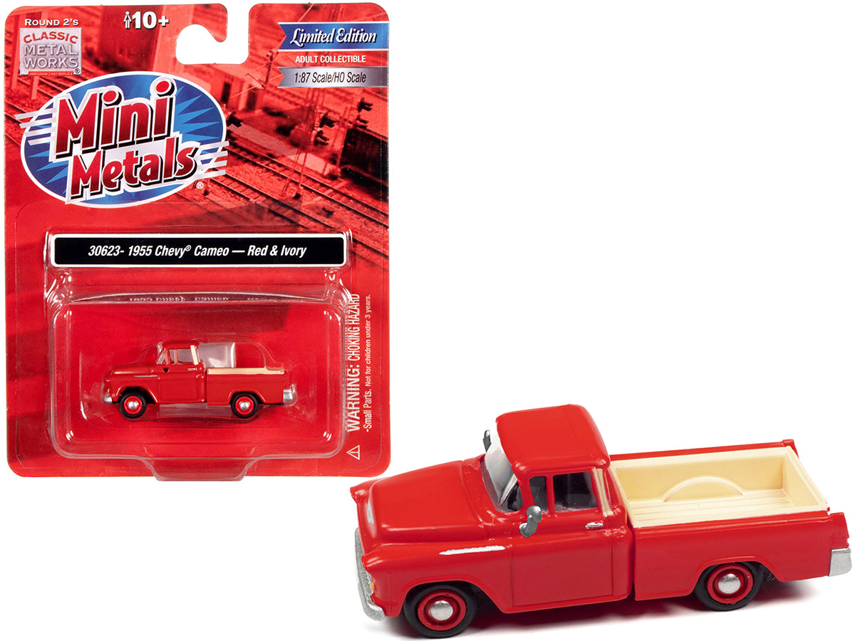 1955 Chevrolet Cameo Pickup Truck Red and Ivory 1/87 (HO) Scale Model