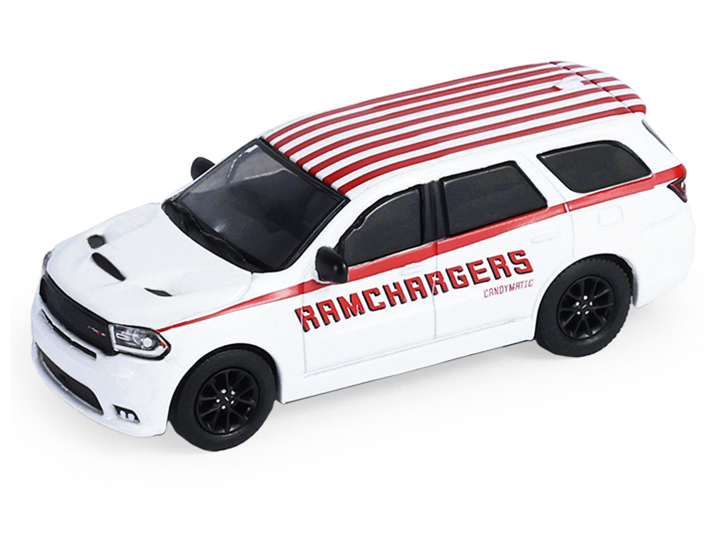 GreenLight 2018 Dodge Durango White with Red Stripes and 2021 Challenger SRT "Ramchargers" Flatbed Trailer "Racing Hitch & Tow" Series 6 1/64 Diecast Model Cars by <h2>2018 Greenlight</h2> <p>High-qua