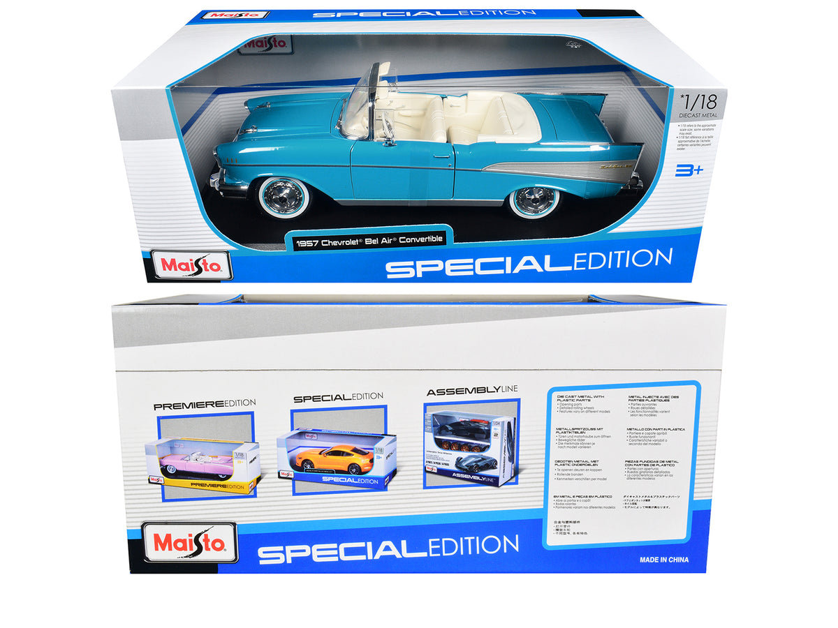 1957 Chevrolet Bel Air Convertible Blue White 1/18 Diecast Model Car - Maisto