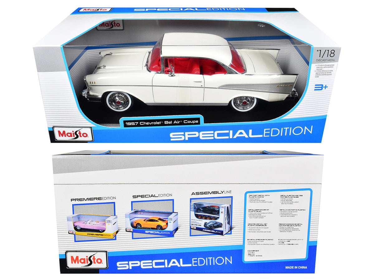 1957 Chevrolet Bel Air Coupe White with Red Interior 1/18 Diecast Model Car