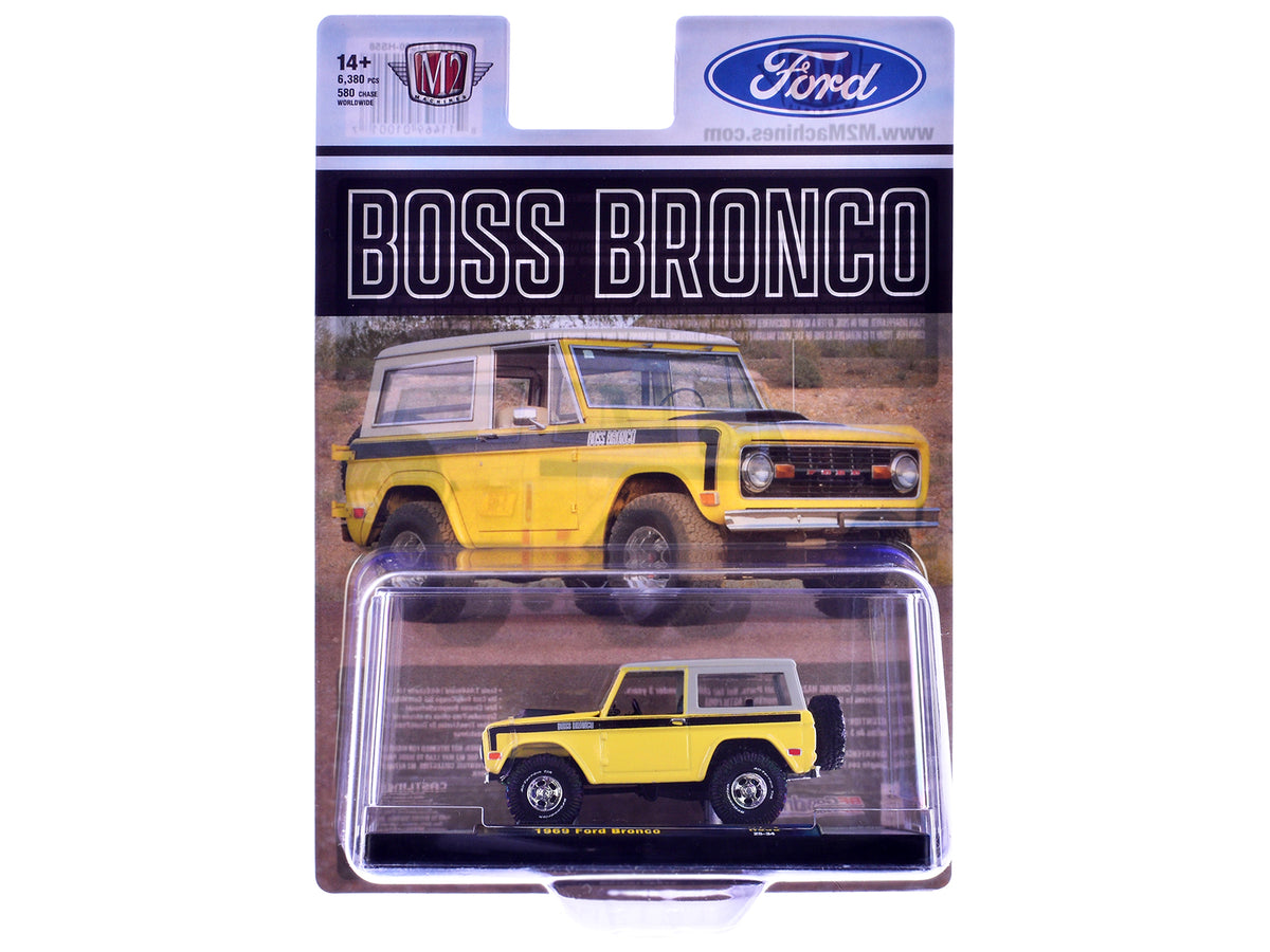 1969 Ford Bronco Yellow Black Stripes Gray Top 1/64 Diecast Model Car - M2