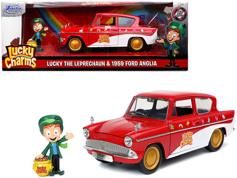 1959 Ford Anglia Red and White with Lucky the Leprechaun Diecast Figurine "Lucky Charms" 1/24 Model Car by Jada <h2>1959 Jada</h2> <p>High-quality perfect for collectors enthusiasts. Features detailed