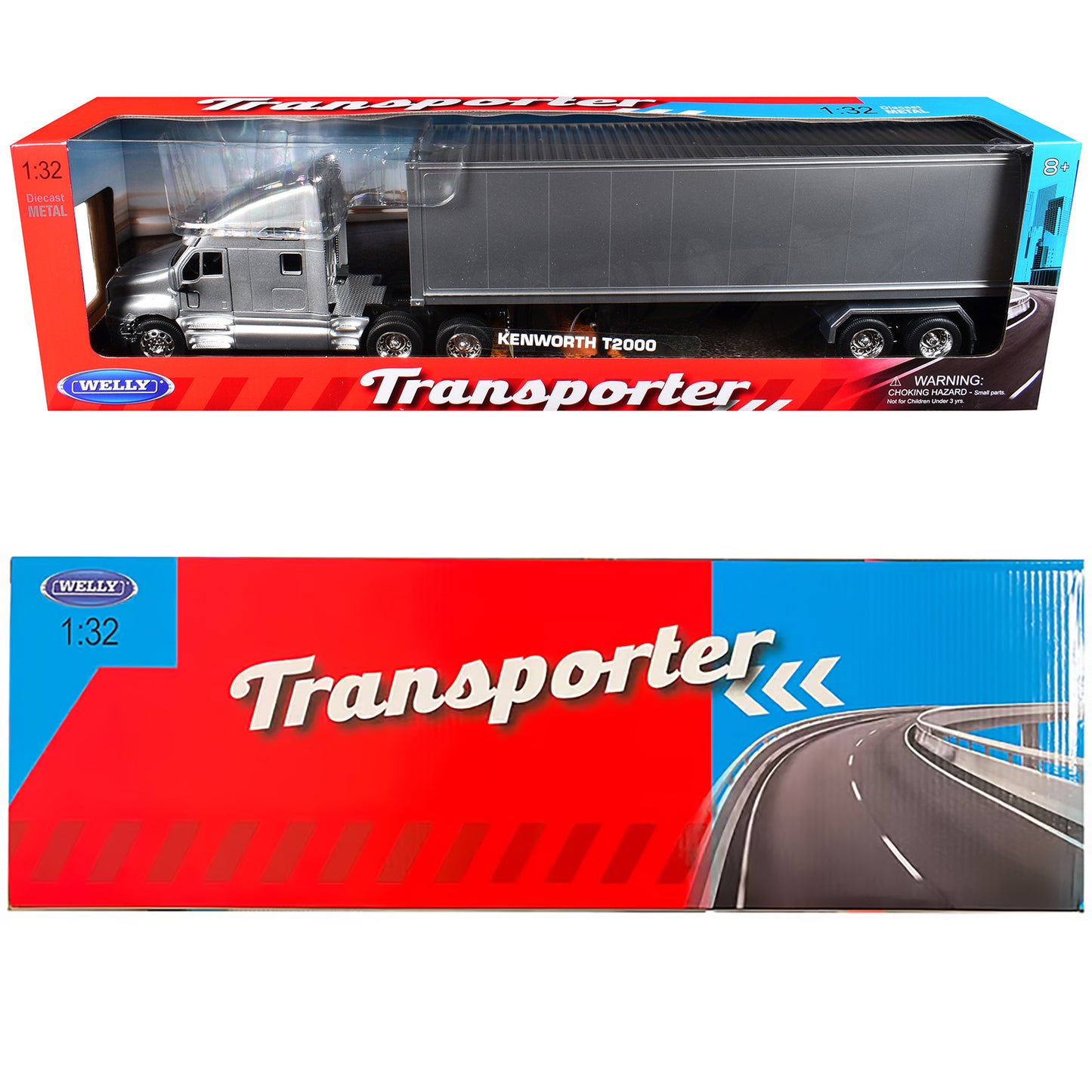 Kenworth T2000 Truck Silver Metallic with Gray Container "Transporter" Series 1/32 Diecast Model by Welly