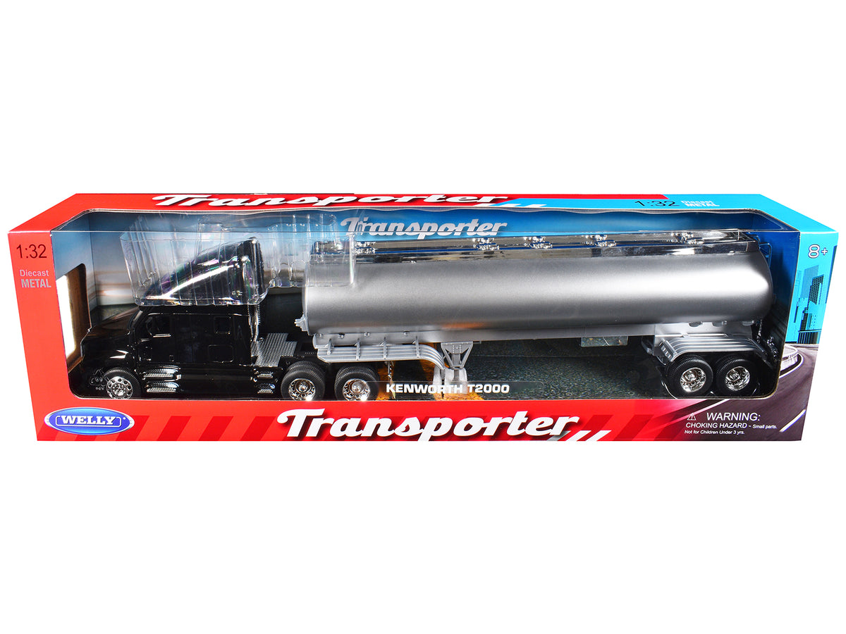 Kenworth T2000 Truck Black with Silver Tanker Trailer Transporter 1/32 Diecast