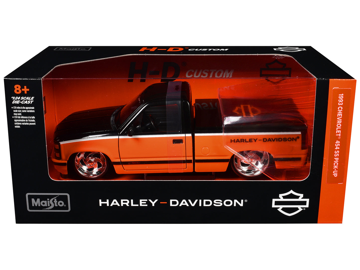 1993 Chevrolet 454 SS Pickup Truck "Harley Davidson" Black and Orange "H-D Custom" Series 1/24 T&y Diecast Model Car by Maisto