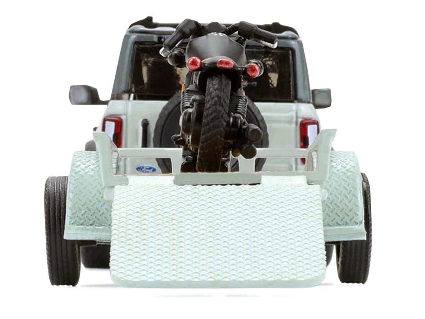 2021 Ford Bronco 4-Door Badlands Cactus Gray with Black Top and Motorcycle with Utility Trailer "Hitch & Tow" Series 33 1/64 T&y Diecast Model Cars by Greenlight