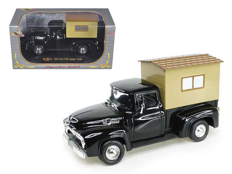 1956 Ford F-100 Pickup Truck Black with Camper 1/32 Diecast by Signature Models