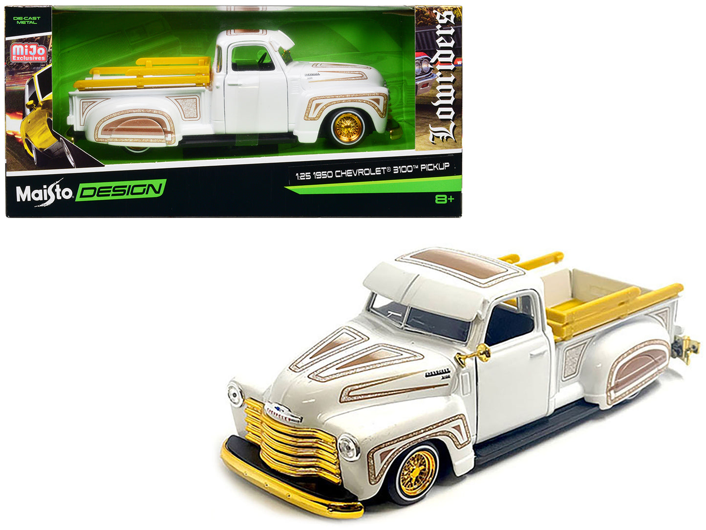 Maisto 1950 Chevrolet 3100 Pickup Truck Lowrider White with Graphics and Gold Wheels "Lowriders" Series 1/25 Diecast Model Car by <h2>1950 Maisto</h2> <p>High-quality perfect for collectors enthusiast