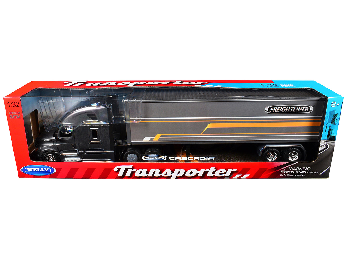 Freightliner Cascadia Truck Gray Metallic with Gray Container with Graphics "Transporter" Series 1/32 T&y Diecast Model by Welly