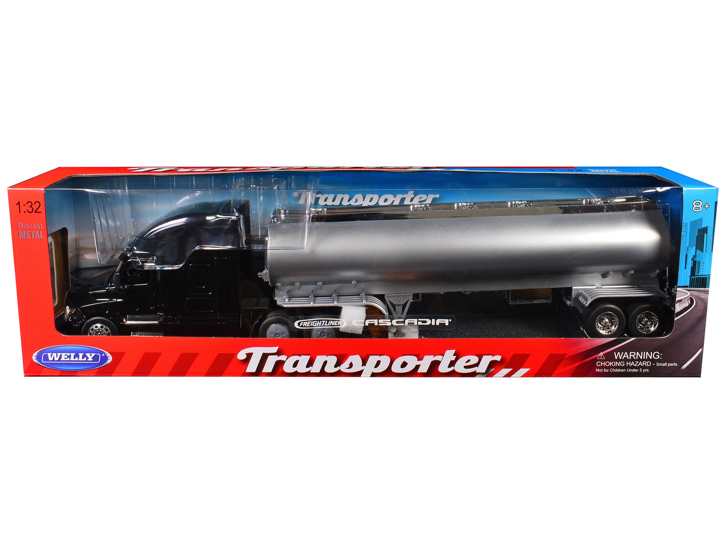 Freightliner Cascadia Truck Black with Silver Tanker Trailer "Transporter" Series 1/32 T&y Diecast Model by Welly