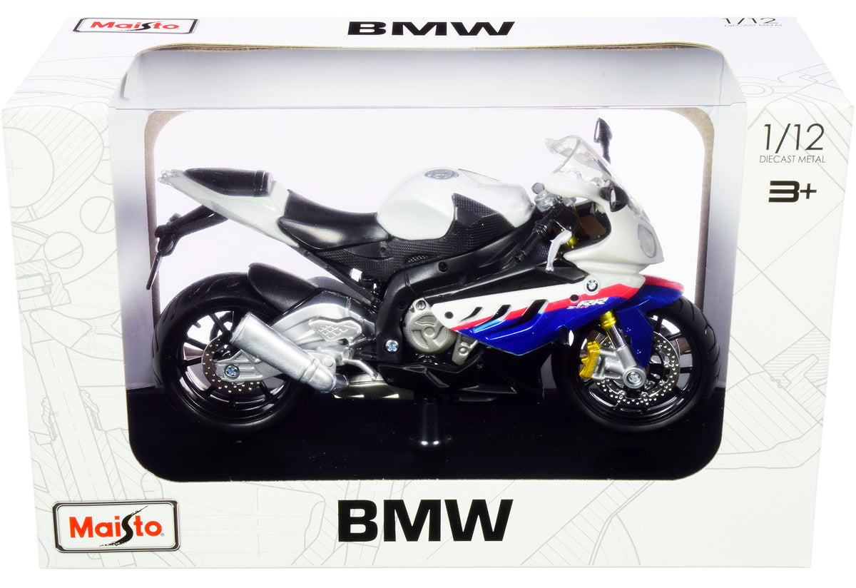 BMW S 1000 RR White with Blue and Red Stripes 1/12 Diecast Motorcycle Model