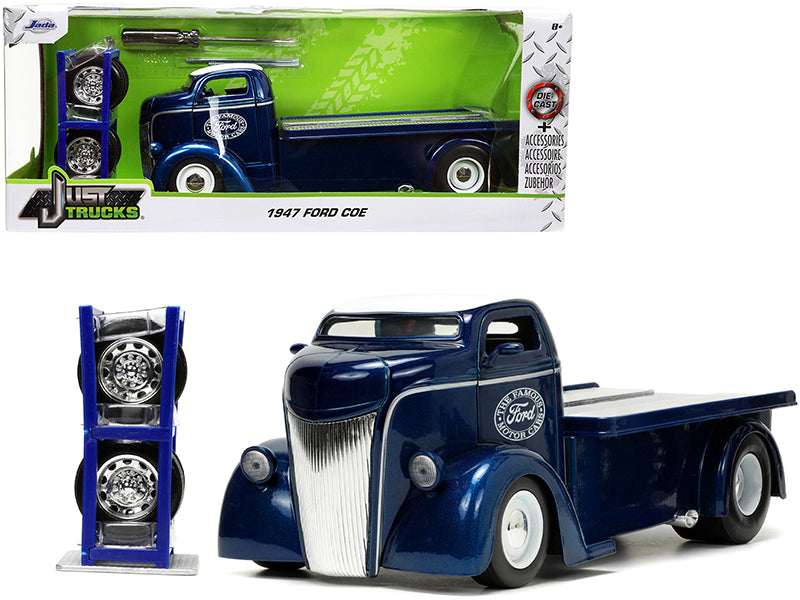 1947 Ford COE Flatbed Truck Dark Blue Metallic with White Top "The Famous Motor Cars" Extra Wheels "Just Trucks" Series 1/24 Diecast Model by Jada <h2>1947 Jada</h2> <p>High-quality car perfect for co