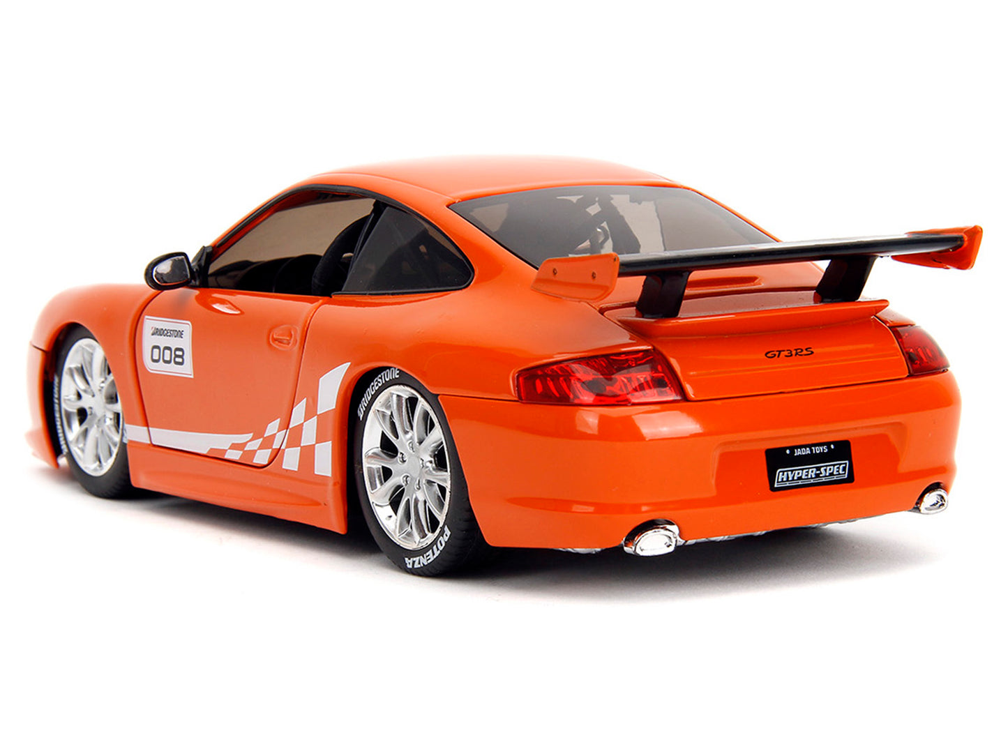 Porsche 911 GT3 RS (996) #008 "Bridgestone" Orange Metallic with White Graphics "Hyper-Spec" Series 1/24 Diecast Model Car by Jada <h2>Porsche Jada</h2> <p>High-quality perfect for collectors and enth