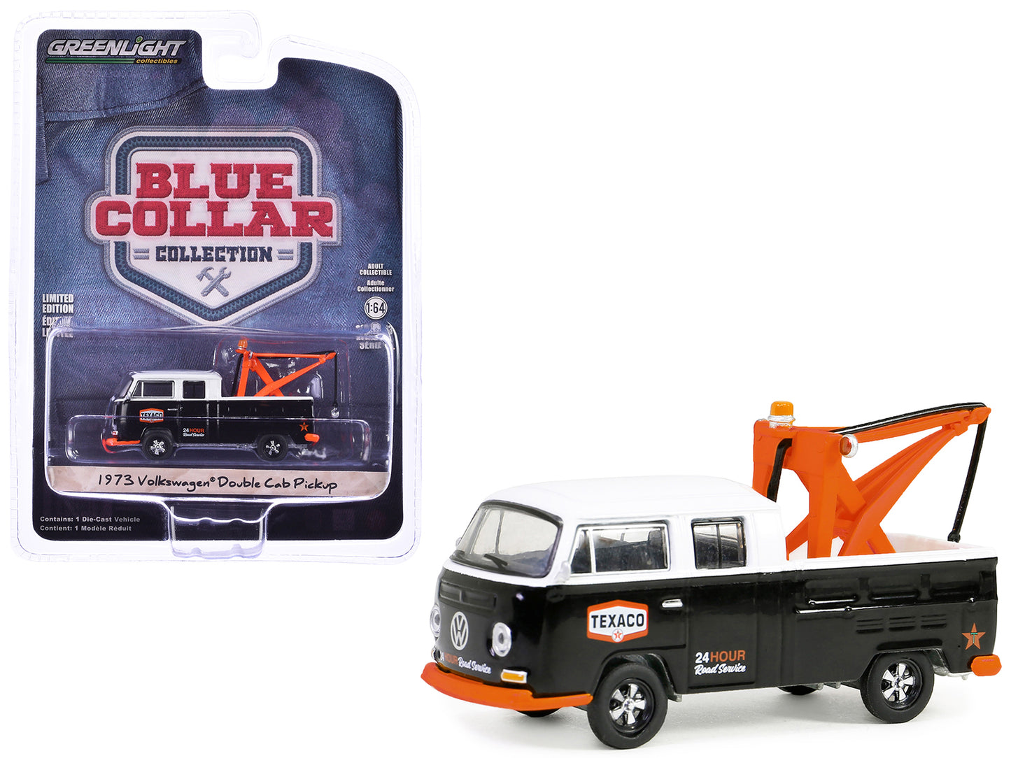 GreenLight 1973 Volkswagen Double Cab Tow Truck Black and White "Texaco 24 Hour Road Service" "Blue Collar Collection" Series 13 1/64 Diecast Model Car by <h2>1973 Greenlight</h2> <p>High-quality perf