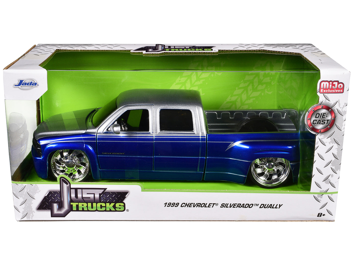1999 Chevrolet Silverado Dually Pickup Truck Blue Metallic and Silver with Custom KMC Wheels "Just Trucks" Series 1/24 Diecast Model Car by Jada <h2>1999 Jada</h2> <p>High-quality perfect for collecto